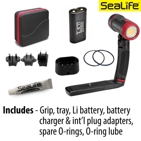 Underwater Photo And Video Light Beast 2500 Lumen COB LED With 120 Degree Wide Beam and accessories set on display.