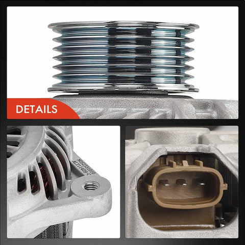 Close-up details of 110 Amp 12V Alternator For Subaru Outback And Legacy 2010 2011 2012 2.5L With Clockwise Rotation And Six Groove Pulley