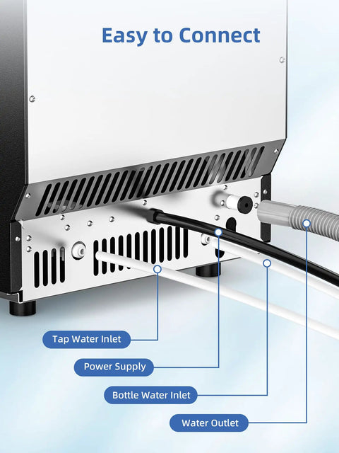 Back connections of Ice Maker Machine That Cranks Out 100 Lbs Per Day, Stainless Steel Undercounter With 33 Lbs Storage, Self Cleaning Freestanding Unit