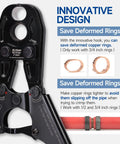 Half-Inch And Three-Quarter-Inch PEX Pipe Crimping Tool with copper ring gauge, non-marring jaws, close-up on innovative design