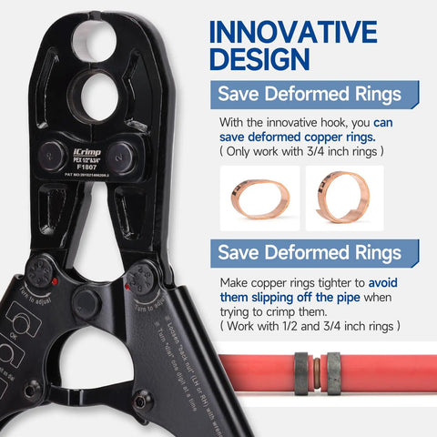 Half-Inch And Three-Quarter-Inch PEX Pipe Crimping Tool with copper ring gauge, non-marring jaws, close-up on innovative design
