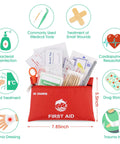 Front view of red travel first aid kit pouch, 87-piece set with bandages, alcohol pads, scissors and tweezers.