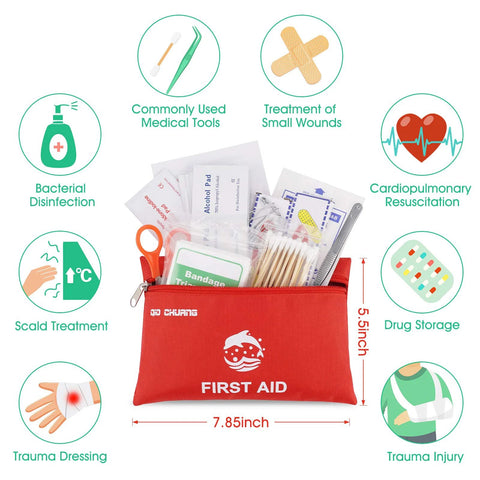 Front view of red travel first aid kit pouch, 87-piece set with bandages, alcohol pads, scissors and tweezers.