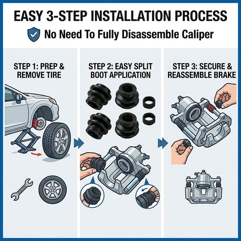 3-step guide for Dustproof Rubber Caliper Pin Bushing Kit For Disc Brakes With Seals Caliper Slide Pin Boots installation.