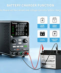 30V 10A Bench Power Supply with Encoder Knob Four Memory Presets connected to a lead-acid battery