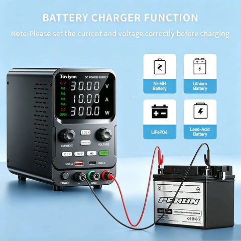 30V 10A Bench Power Supply with Encoder Knob Four Memory Presets connected to a lead-acid battery