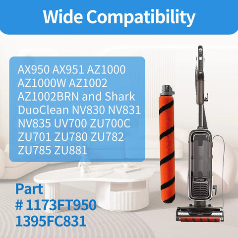 Soft Brush Roll Replacement For Shark Apex DuoClean And Lift Away Vacuums, shown with vacuum and part numbers listed.