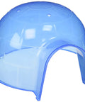 Large Pig Loo Hideout For Guinea Pigs And Small Pets In Assorted Colors, Translucent Stain-Resistant Plastic Burrow Shelter That Lets You Watch Your Fur Baby While They Chill, Measuring About 7 Inches Tall By 9 Inches Wide. View of translucent blue shelter showing arch entrance.