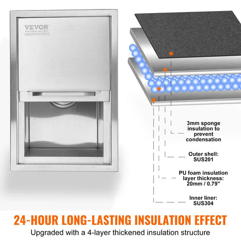 Diagram of Drop-In Stainless Steel Ice Chest with Sliding Cover showing insulation layers and structure, 18x12 inch size