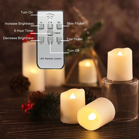 Rechargeable Flameless Votive Candles With USB Charge 6 Pack Tea Lights with remote on decorated table