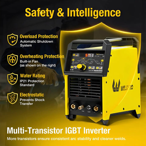 Front view of 200 Amp AC DC TIG Welder With Pulse, Dual Voltage 110V And 220V, Aluminum TIG And MMA Stick Welder with safety features.