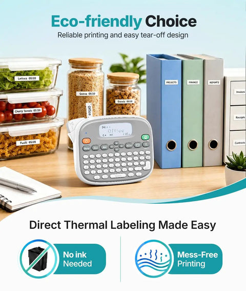 Top Shelf Qwerty Label Maker Featuring Waterproof Build And Portable Slick Design With Type C And Battery Power For Stress Free Home Office Organization Including One White 12mm Core Tape on a desk surrounded by organized food and documents.