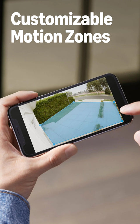 Ring Spotlight Cam Plus security camera app screen showing customizable motion zones with blue outlines (front view)