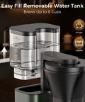 SCA Certified 8 Cup Drip Coffee Maker With 3 Second Instant Heat And Precise Temperature Control showing removable water tank.