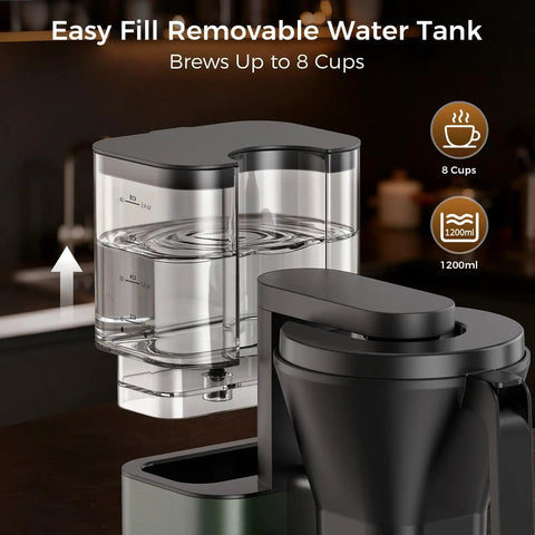 SCA Certified 8 Cup Drip Coffee Maker With 3 Second Instant Heat And Precise Temperature Control showing removable water tank.