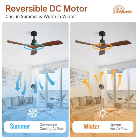 Diagram of 52 Inch Indoor Outdoor Ceiling Fan with Light Remote Control showing summer cooling and winter warming functions.