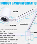 Top Tier Nail Dust Collector Machine With Integrated Lamp And Badass Suction Fan For Manicurists And Home Salon Crews showing dimensions and design details.