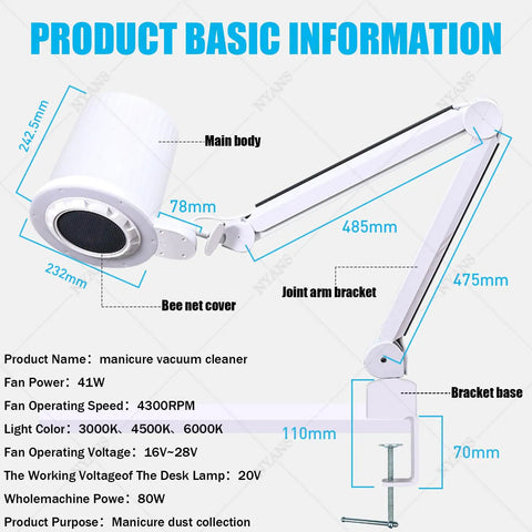 Top Tier Nail Dust Collector Machine With Integrated Lamp And Badass Suction Fan For Manicurists And Home Salon Crews showing dimensions and design details.