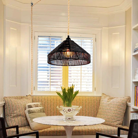 Boho Rattan Pendant Light With On Off Switch, Plug In Hanging Lamp On 15 Ft Hemp Rope, 12 Inch Handwoven Basket Shade in cozy dining area