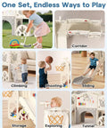Toddler Slide Set With Basketball Hoop, Drawing Board And Golf Game, 13 In 1 Indoor Outdoor Playset For Kids 1 Plus Cream And Gray Backyard Climber Playground featuring sliding, climbing, and shooting activities.