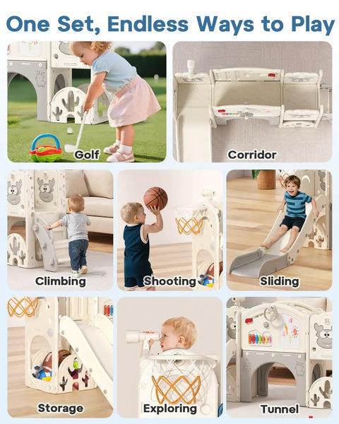 Toddler Slide Set With Basketball Hoop, Drawing Board And Golf Game, 13 In 1 Indoor Outdoor Playset For Kids 1 Plus Cream And Gray Backyard Climber Playground featuring sliding, climbing, and shooting activities.