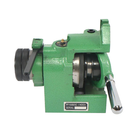 Heavy Duty Horizontal 5C Collet Spinning Indexing Chuck For Milling Setup side view showing green finish and indexing lever.