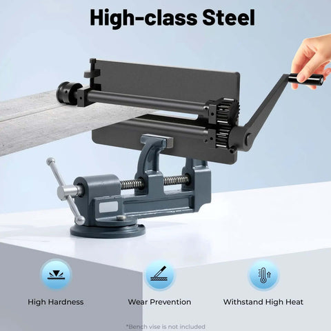 Bead Roller Machine With 12 Inch Throat Depth Manual Crank Drive Heavy Duty Gear Driven Rolling Bending Tool shown on bench