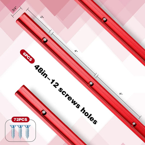 Six Piece Red Aluminum T Track Set For Woodworking With Screws Pro Grade Universal Double Cut Profile T Rail 48 Inch Long Predrilled