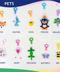 Bead Pets Kit For Kids And Kid Friendly DIY Jewelry And Keychain Craft With 800 Plus Colorful Pony Beads 65 Feet Cord 10 Animal Patterns And Beginner Friendly Instructions Includes Needles And Storage Box. Display of beaded animal keychains including fox, dolphin, chick, penguin, dragonfly, rabbit, heart, crocodile, butterfly, and bee designs.