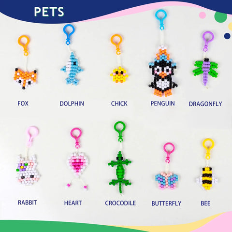 Bead Pets Kit For Kids And Kid Friendly DIY Jewelry And Keychain Craft With 800 Plus Colorful Pony Beads 65 Feet Cord 10 Animal Patterns And Beginner Friendly Instructions Includes Needles And Storage Box. Display of beaded animal keychains including fox, dolphin, chick, penguin, dragonfly, rabbit, heart, crocodile, butterfly, and bee designs.