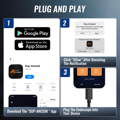 Endoscope Camera 16.4 Ft Cable 1920P HD For iOS And Android With Type C To Lightning And Type C To Micro USB Adapters Real Time View On Phones Tablets And PCs HarmonyOS Not Supported setup steps on phone screen