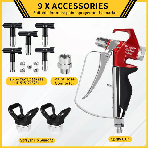 Heavy Duty 3600 Psi Airless Primer Paint Spray Gun With Five Reversible Tips And Two Brass Guards for smooth coverage and pro results.