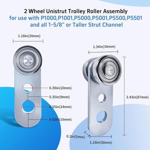 Beefy 2 Wheel Unistrut Trolley Roller Assembly with metal wheels for 1-5/8 inch channels, shown in front and side view.