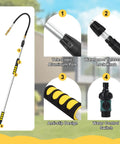 20ft Reach Telescopic Gutter Cleaning Tool With Garden Hose Attachment and features including aluminum pole, lock knob, and control switch.