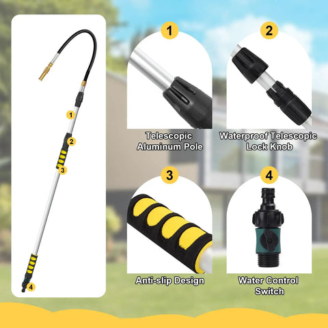 20ft Reach Telescopic Gutter Cleaning Tool With Garden Hose Attachment and features including aluminum pole, lock knob, and control switch.