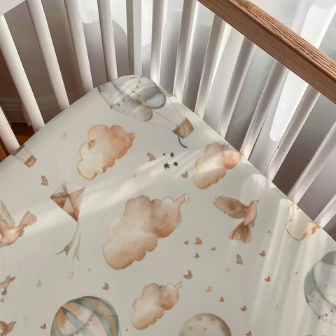 Balloon Transportation Pattern Baby Crib Sheets For Unisex Nursery Decor Featuring Balloons Clouds And Birds Fitted Sheet 28x52