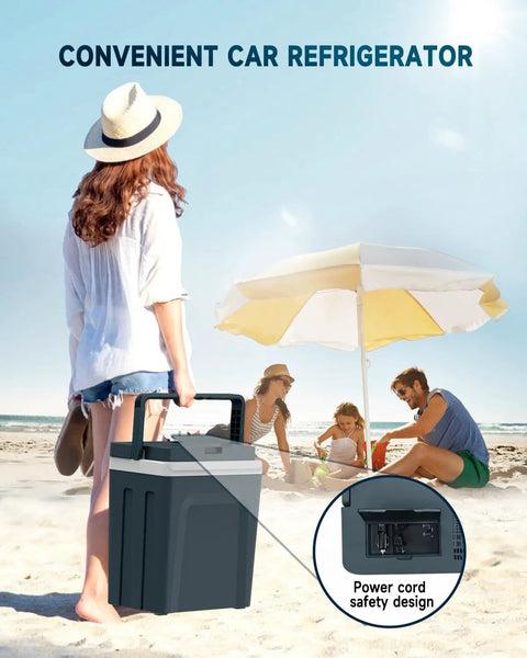 Woman holding a Portable 27 Quart Electric Cooler And Warmer For Car Or Home With Handle 12V/24V DC And 100-240V AC at the beach.
