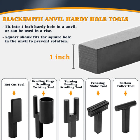 1 Inch Blacksmith Hardy Hole Tool Set 5 Piece Forge Kit With Hot Cut Creasing Stake Bottom Fuller Turning Bending Twisting Tools
