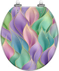 Toilet Seat Round Resin for Bathroom in colorful leaf design, 14-15 inches wide, 17-18 inches long, adjustable fittings included.
