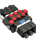 Angled front-right view of a three-spool hydraulic control valve with red port caps, black cast body, three solenoid coils.
