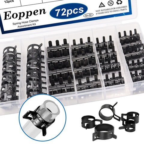 Eoppen 72-piece spring hose clamp kit in clear organizer, six sizes 7,10,11,14,16,18mm, black clamps
