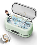 Pro Gear Slick Ultrasonic Cleaner For Jewelry And Glasses With Dual Cleaning Modes And Strong 48 Khz Waves To Sweep Out Tough Gunk With Plain Tap Water For Bright Shine, showing jewelry and glasses in cleaning cycle.
