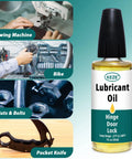 Door Hinge Lubricant And Pivot Oil To Stop Squeaks, Lock, Knife, Scissors And Watch Parts, Synthetic Pocket Knife Lube With Needle Oiler, 1 Oz Pack of 2 bottle with usage illustrations for sewing machines, bikes, nuts, bolts, and pocket knives.