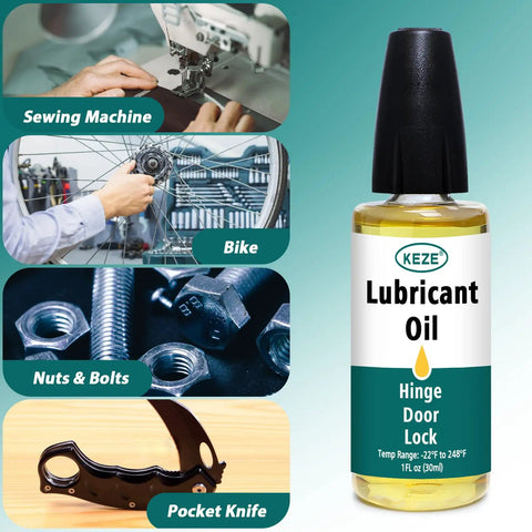 Door Hinge Lubricant And Pivot Oil To Stop Squeaks, Lock, Knife, Scissors And Watch Parts, Synthetic Pocket Knife Lube With Needle Oiler, 1 Oz Pack of 2 bottle with usage illustrations for sewing machines, bikes, nuts, bolts, and pocket knives.