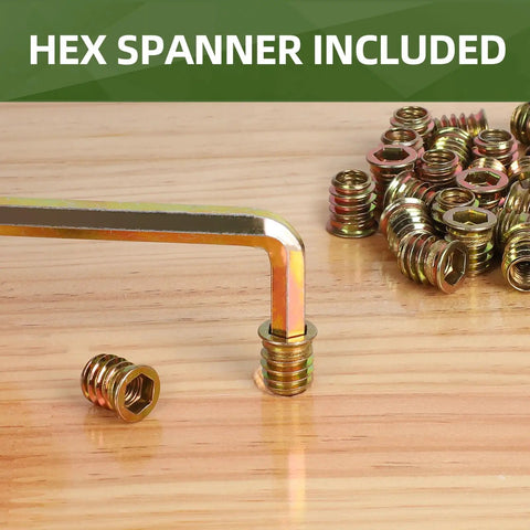 M8-1.25 Wood Threaded Inserts 25mm Long, 30 Pack With Hex Spanner, Zinc Plated Steel for Furniture and Woodworking Projects