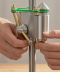 Precision Mini Bench Drill Press With 12V Power Supply For Watch Repair And Tiny Electronics, close-up of brass chuck and handle.