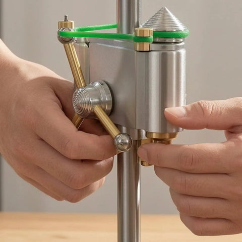 Precision Mini Bench Drill Press With 12V Power Supply For Watch Repair And Tiny Electronics, close-up of brass chuck and handle.