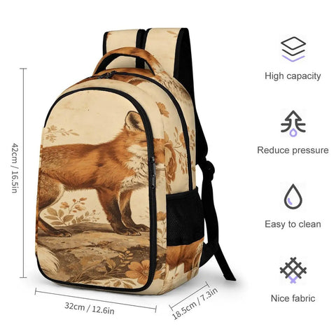 Vintage Floral Red Fox Printed Unisex Backpack With Large Capacity Durable Polyester Build, side view, breathable straps, 32cm x 18.5cm x 42cm