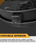 Close-up of the speed control knob on an 18-Inch Garage Wall Mount Fan With Beast-Mode 5400 CFM Wet-Rated Airflow, in matte black finish.
