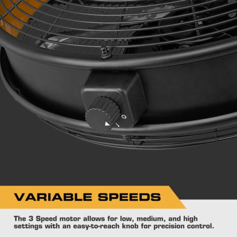 Close-up of the speed control knob on an 18-Inch Garage Wall Mount Fan With Beast-Mode 5400 CFM Wet-Rated Airflow, in matte black finish.